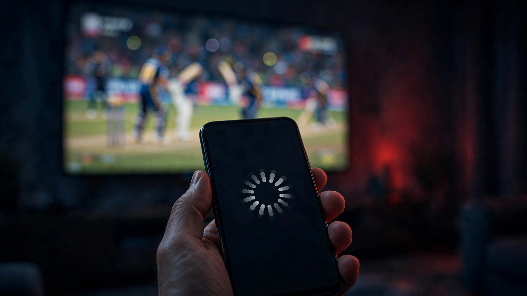 Smartphone showing a streaming error with a cricket match on TV behind — fixes for Cricfy TV not working