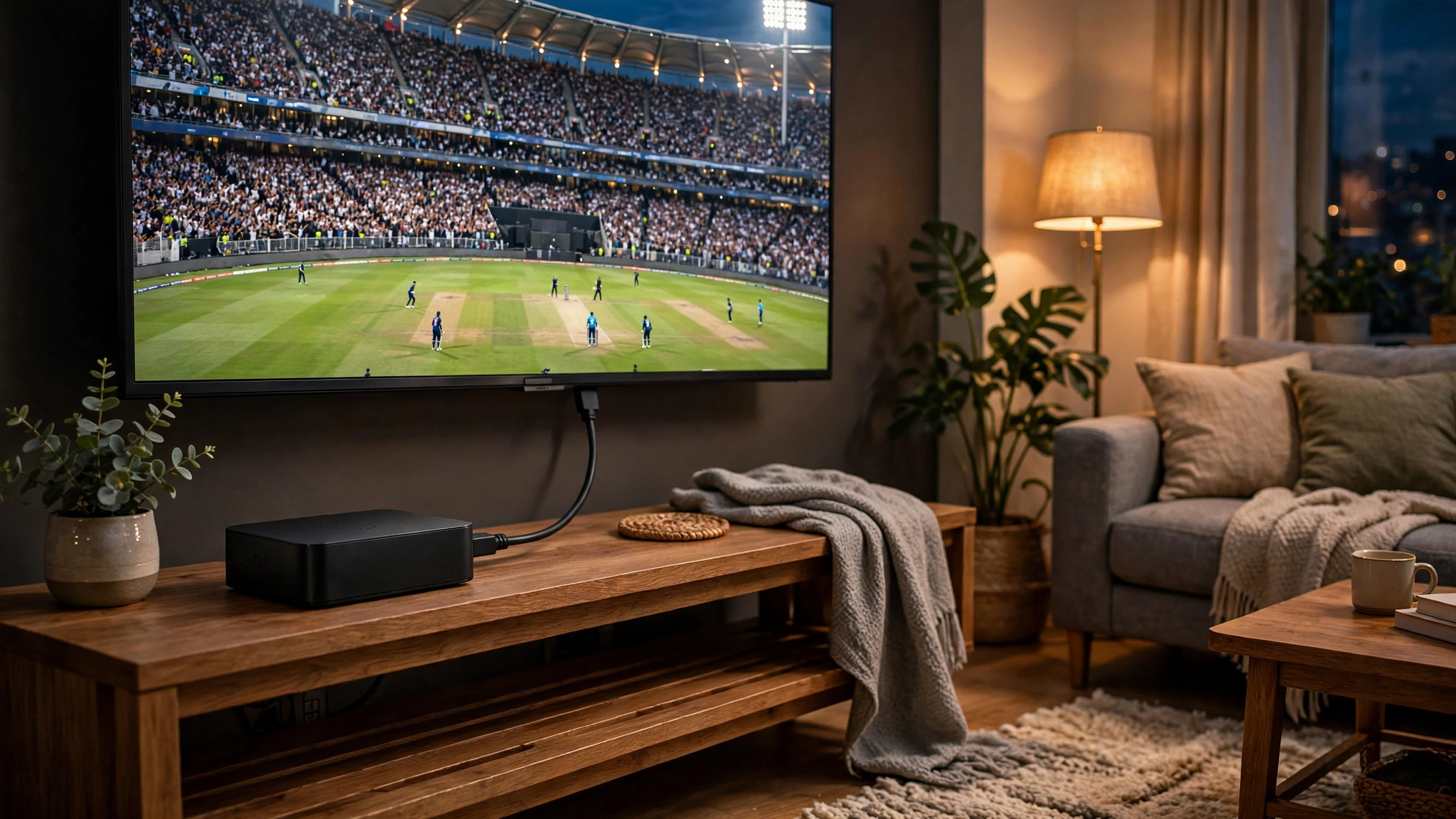 Android TV box connected to a big TV showing live cricket streaming