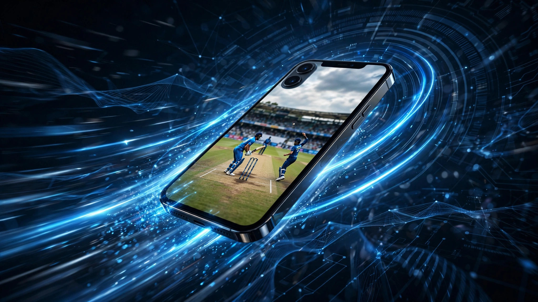 Smartphone streaming a cricket match with motion speed lines — how to fix Cricfy TV buffering